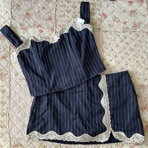 Forever 21 navy blue pinstriped set with lace trim and bows